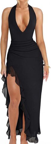 Memoriesea Women's Sexy Deep V Neck High Split Backless Mesh Cocktail Party Maxi Dress in Saudi Arabia