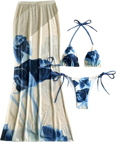 Milumia Women's 3 Piece Halter Swimsuits Floral Print Triangle Thong Bikini Set with Maxi Skirt Cover Up in Saudi Arabia