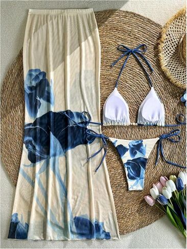 Milumia Women's 3 Piece Halter Swimsuits Floral Print Triangle Thong Bikini Set with Maxi Skirt Cover Up in Saudi Arabia