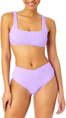 Women's Juniors' Ribbed Square-Neck Bikini Top (Purple, Large) in Kuwait