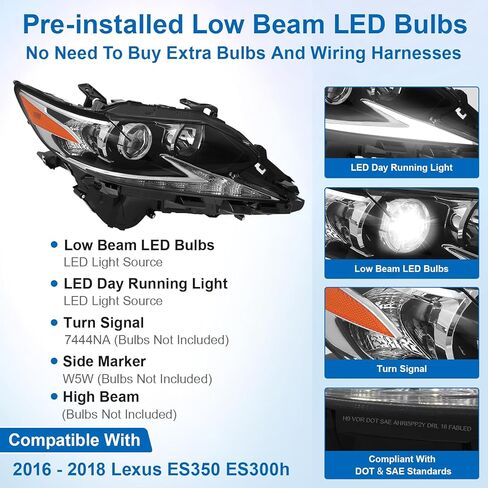 LED DRL Headlight Assembly Fit for 2016-2018 Lexus ES350 ES300h, Head Lamp Black Housing with Amber Reflector - S in Kuwait