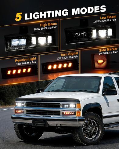 مجموعة المصابيح الأمامية BICYACO 5 في 1 DOT LED مع علامة جانبية لإشارة الانعطاف، شعاع Hi/Lo مضاد للوهج 6600LM، مقاوم للماء IP67، التوصيل والتشغيل لـ 1994-1999 Chevy Silverado Tahoe Suburban C/K 1500 2500 3500 in Kuwait