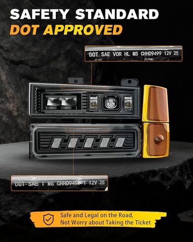 مجموعة المصابيح الأمامية BICYACO 5 في 1 DOT LED مع علامة جانبية لإشارة الانعطاف، شعاع Hi/Lo مضاد للوهج 6600LM، مقاوم للماء IP67، التوصيل والتشغيل لـ 1994-1999 Chevy Silverado Tahoe Suburban C/K 1500 2500 3500 in Kuwait