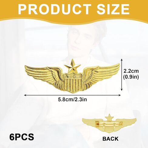 مجموعة دبابيس الطائرة - 6 قطع من دبابيس أجنحة الطيار المصنوعة من سبيكة ذهبية مع مشبك أمان للقبعات والسترات والحقائب - نمط دبوس معدني كلاسيكي لسلاح الجو للأزياء التنكرية أو الارتداء اليومي in Kuwait