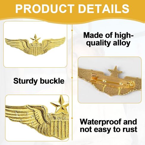 مجموعة دبابيس الطائرة - 6 قطع من دبابيس أجنحة الطيار المصنوعة من سبيكة ذهبية مع مشبك أمان للقبعات والسترات والحقائب - نمط دبوس معدني كلاسيكي لسلاح الجو للأزياء التنكرية أو الارتداء اليومي in Kuwait