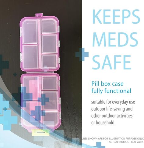 علبة صندوق منظم حبوب الدواء، 10 مساحات كبيرة للحاويات، صناديق الجرعات اليومية والأسبوعية، حامل الدواء، موزع. مثالي للأدوية والفيتامينات والمكملات الغذائية ومثالي للسفر. صندوق حبوب الدواء مثالي للمحفظة in Kuwait