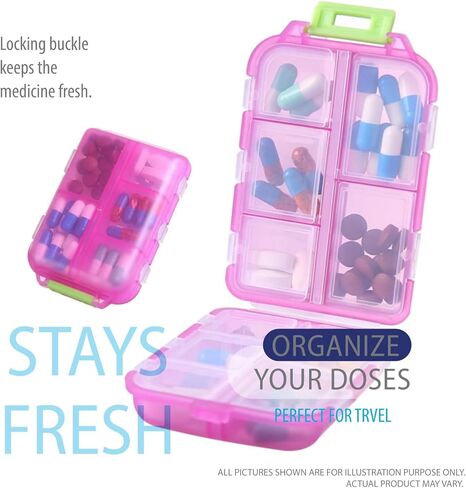 علبة صندوق منظم حبوب الدواء، 10 مساحات كبيرة للحاويات، صناديق الجرعات اليومية والأسبوعية، حامل الدواء، موزع. مثالي للأدوية والفيتامينات والمكملات الغذائية ومثالي للسفر. صندوق حبوب الدواء مثالي للمحفظة in Kuwait