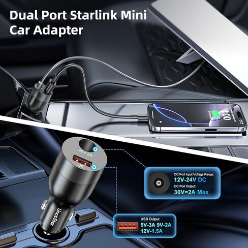Starlink Mini Car Adapter 12V-24V to 30V DC Step Up Converter 2-in-1 78W Car Cigarette Lighter Adapter Starlink Mini Accessories 12V Car Charger Adapter Support Official 50M for RV/Boat/Trailer/Trucks in Kuwait