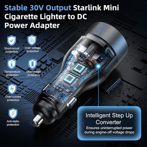 Starlink Mini Car Adapter 12V-24V to 30V DC Step Up Converter 2-in-1 78W Car Cigarette Lighter Adapter Starlink Mini Accessories 12V Car Charger Adapter Support Official 50M for RV/Boat/Trailer/Trucks in Kuwait