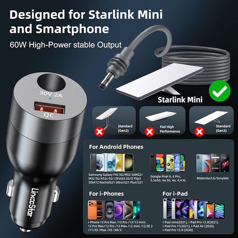 Starlink Mini Car Adapter 12V-24V to 30V DC Step Up Converter 2-in-1 78W Car Cigarette Lighter Adapter Starlink Mini Accessories 12V Car Charger Adapter Support Official 50M for RV/Boat/Trailer/Trucks in Kuwait