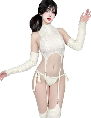 Womens Anime Sweater Turtleneck Virgin Killer Cosplay Outfit Japanese Knit Crop Top with Garter Lingerie Set in Saudi Arabia