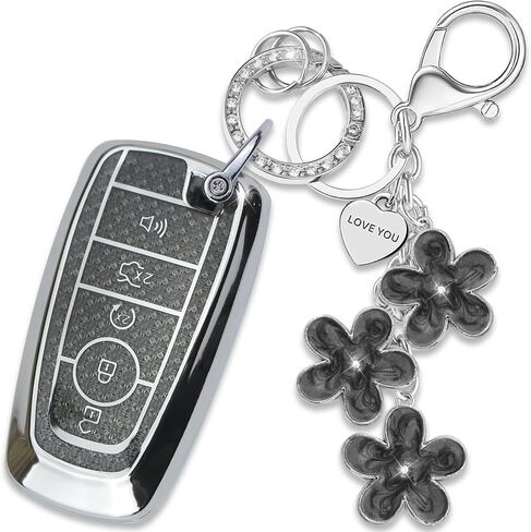 Pink TPU Key Fob Cover with Sakura Flower Keychain Compatible with Ford Fusion Mustang F150 Edge Explorer Lincoln MKZ 2013-2017,MKC 2015-2017,MKX 2016-2017 5-Button Smart Key for Women in Saudi Arabia