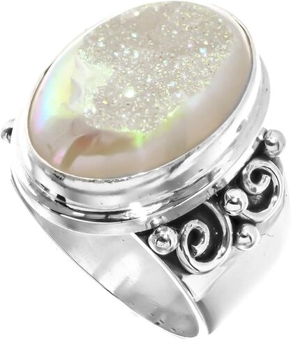 FifiRose Sparklng White Iridescent Titanium Druzy 925 Sterling Silver Sz 7 Ring, 7/8" p83345 in Kuwait