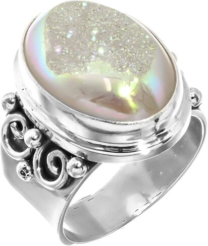 FifiRose Sparklng White Iridescent Titanium Druzy 925 Sterling Silver Sz 7 Ring, 7/8" p83345 in Kuwait