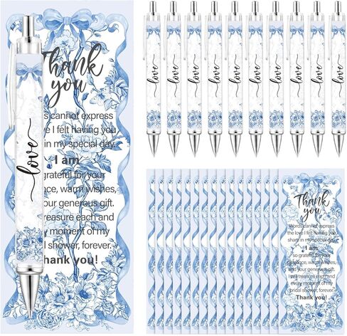 50 Sets Blue Bridal Shower Bow Pens Wedding Thank You Gifts for Guests Blue White Floral Ballpoint Pens with Thank You Bookmark Cards for Party Favors Gifts Prizes Wedding Souvenirs in Saudi Arabia