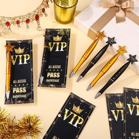 24 مجموعة من أقلام حبر جاف VIP Star من الهدايا باللونين الأسود والذهبي، بطاقات تمرير كبيرة من البلاستيك مع حقيبة شفافة وربطات كبل هدايا للحفلات الموسيقية والأفلام وحفلات عيد الميلاد وديكور عيد الميلاد in Saudi Arabia