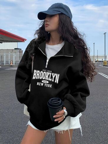 Womens Quarter Zip Oversized Sweatshirts Comfy Fall Fashion Mock Neck Pullover Hoodies BROOKLYN Graphic Winter Outfits in Saudi Arabia