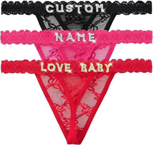 2-حزمة سيور مخصصة مع الاسم، ملابس داخلية ثونغ مخصصة من حجر الراين، سراويل داخلية مثيرة من الدانتيل مع حروف لامعة مخيطة يدويًا، هدية ملابس داخلية مخصصة للنساء، الصديقة، عيد الحب in Kuwait