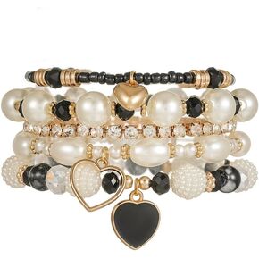 xuzhiyuan Boho Layered Bracelet Set for Women, Pearl Beaded Bracelets with Heart Charm & Crystal, Stackable Vintage Fashion Jewelry for Party Daily Wear in Kuwait
