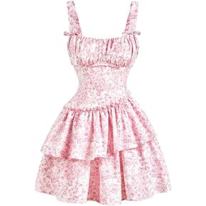 Narecte Womens Summer Dresses Floral Casual Mini Dresses for Women A Line Sun Dress Cute Ruffle Dress Pink M in Kuwait