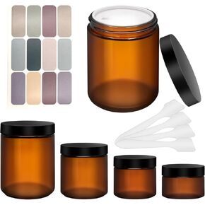 Amber Glass Jars with Lids, 8oz 4oz 2oz 1oz Glass Cosmetic Jars with Inner Liners, Labels & Spatulas, Reusable Lotion Containers for Creams, Body Butter, Scrubs, DIY Cosmetics – 16 Pack in Saudi Arabia