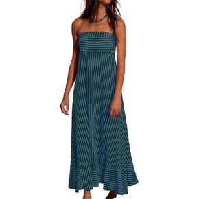 Womens Strapless Striped Maxi Dress 2026 Summer Flowy Ruffle Hem Long Tube Dress Beach Vacation Dresses Pockets in Kuwait