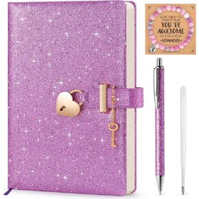 مذكرات لامعة باللون الأرجواني مع قفل ومفتاح، مقاس 8.4 بوصة × 5.7 بوصة، مجلة لامعة لا تتساقط للفتيات، دفتر ملاحظات مبطن مقاس A5 للكتابة، هدية عيد ميلاد للأطفال في سن المراهقة، تتضمن قلمًا وسوارًا in Kuwait