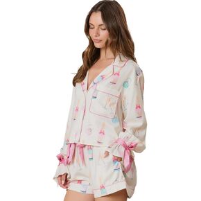 White Wine Glass Print Pajama Set for Women - Bow Knot Details in Kuwait