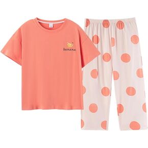 100% cotton women capri pajama set 2 pcs short sleeve capris pants with pockets sleepwear loungewear Soft Breathable in Saudi Arabia