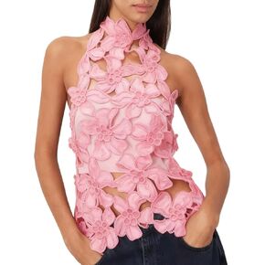 Women Y2k Hollow Out Floral Halter Top 3D Flower Mock Neck Tank Top Summer Sexy Backless Going Out Tops in Kuwait