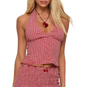 سترة نسائية مثيرة هالتر من القماش القطني بدون أكمام ورقبة على شكل حرف v بدون ظهر منقوشة Y2K سترة مقصوصة ضيقة ملابس الشارع in Kuwait