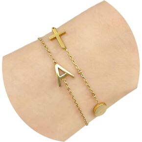 Fun-Plus 2-Piece Gold Bracelet Set for Women, Initial & Cross Jewelry Gift for Teen Girls Best Friend Daughter Sister, with Lavender Sachet Card & Velvet Pouch for Birthday Christmas in Kuwait