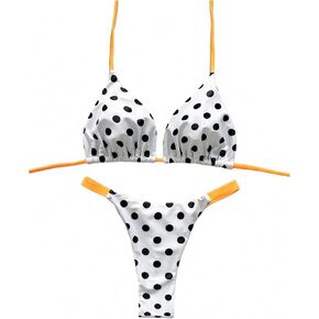 طقم بيكيني نسائي مكون من قطعتين منقط بسلسلة مثلثة لباس سباحة ذو قصة عالية in Kuwait