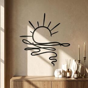 Pelopy Sun Metal Wall Art Abstract Sunrise Sunset Sign Minimalist Black Line Wall Art Decor Sea Wave Modern Hanging Decor for Living Room Kitchen Bedroom Outdoor Housewarming Gifts 16.9 x 12.2 Inch in Kuwait
