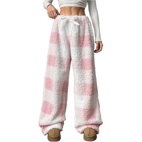 MakeMeChic Women's Winter Lounge Pants Plaid Fuzzy Elastic Waist Bow Knot Trousers in Kuwait