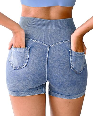 Women’s Faux Denim Workout Shorts High Waisted Seamless Biker Shorts with Pockets Gym Shorts in Saudi Arabia