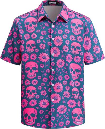 Mens Hawaiian Skull Floral Shirt Short Sleeve Button Down Funny Skeleton Holiday Shirts Casual Tropical Shirt in Saudi Arabia