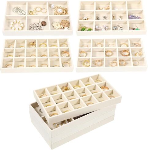 12 Pcs Velvet Jewelry Organizer Trays Set, 4 Styles Stackable Drawer Organizer with Removable Dividers, Storage and Display for Earrings, Necklaces, Bracelets, Rings, Vanity Dresser Storage Box, Beige in Kuwait