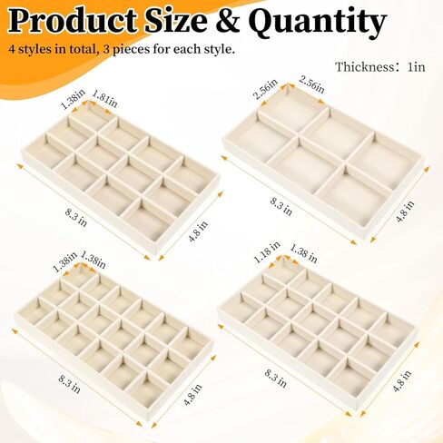12 Pcs Velvet Jewelry Organizer Trays Set, 4 Styles Stackable Drawer Organizer with Removable Dividers, Storage and Display for Earrings, Necklaces, Bracelets, Rings, Vanity Dresser Storage Box, Beige in Kuwait