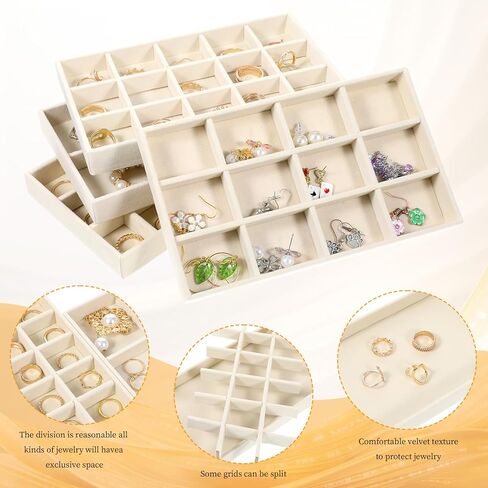 12 Pcs Velvet Jewelry Organizer Trays Set, 4 Styles Stackable Drawer Organizer with Removable Dividers, Storage and Display for Earrings, Necklaces, Bracelets, Rings, Vanity Dresser Storage Box, Beige in Kuwait