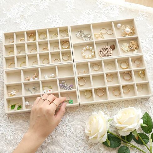 12 Pcs Velvet Jewelry Organizer Trays Set, 4 Styles Stackable Drawer Organizer with Removable Dividers, Storage and Display for Earrings, Necklaces, Bracelets, Rings, Vanity Dresser Storage Box, Beige in Kuwait