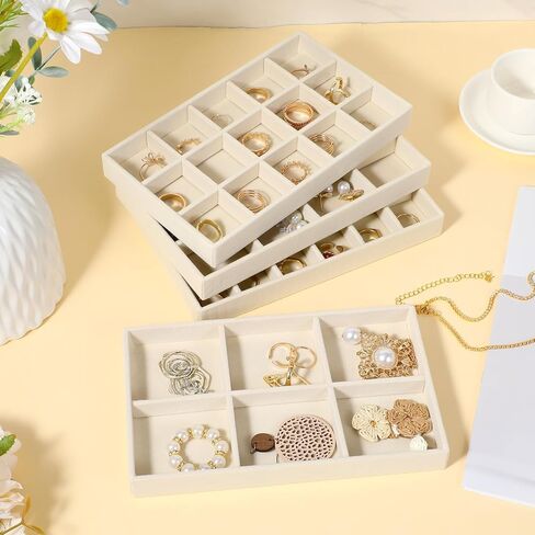 12 Pcs Velvet Jewelry Organizer Trays Set, 4 Styles Stackable Drawer Organizer with Removable Dividers, Storage and Display for Earrings, Necklaces, Bracelets, Rings, Vanity Dresser Storage Box, Beige in Kuwait