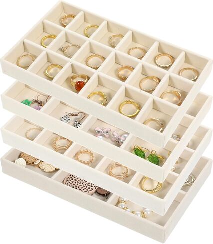12 Pcs Velvet Jewelry Organizer Trays Set, 4 Styles Stackable Drawer Organizer with Removable Dividers, Storage and Display for Earrings, Necklaces, Bracelets, Rings, Vanity Dresser Storage Box, Beige in Kuwait