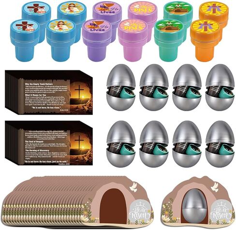 30 Sets Resurrection Easter Eggs Filled with He is Risen Tomb Card Jesus Easter Stamps Story Cards, Prefilled Christian Gifts for Egg Hunt Basket Stuffers Holy Week Religious Activities Party Favors in Kuwait