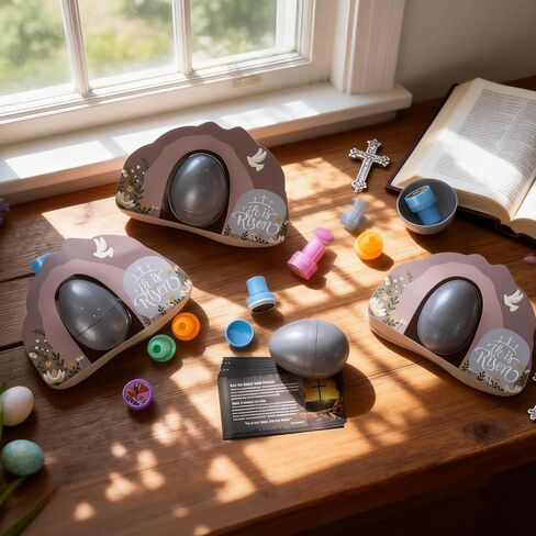30 Sets Resurrection Easter Eggs Filled with He is Risen Tomb Card Jesus Easter Stamps Story Cards, Prefilled Christian Gifts for Egg Hunt Basket Stuffers Holy Week Religious Activities Party Favors in Kuwait