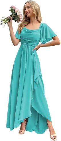 Short Sleeves Bridesmaid Dresses for Women Chiffon Maxi Ruffle Prom Dress Split A Line Long Formal Evening Party Gowns in Saudi Arabia