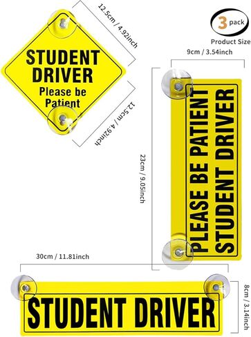 luvilly3 Pack Reflective Student Driver Signs, Suction Cups Car Window Stickers Removable New Driver Magnets, for Car and Beginners Driving Learner in Kuwait