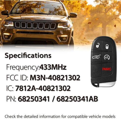 Fits for Jeep Compass 2017 2018 2019 2020 2021 Key Fob M3N-40821302 433MHz 5 Buttons in Kuwait