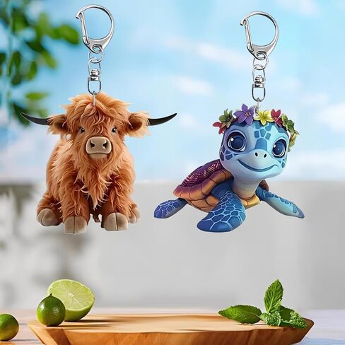 2 Pack Cute Keychains Set - Highland Cow & Floral Turtle Key Chain, Cartoon Animal Keyring for Bag/Car/Wallet, Unique Charm Accessory Gift for Women Men Animal Lovers/YSK-T13 in Saudi Arabia