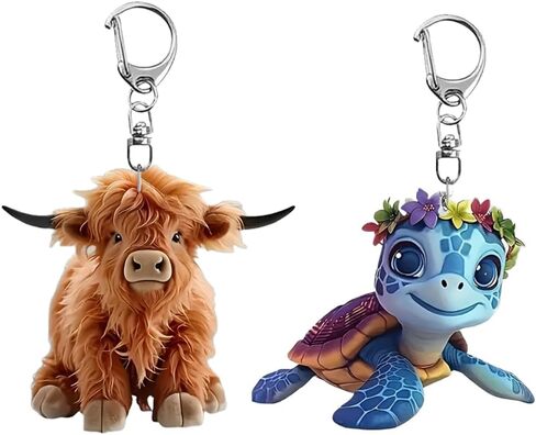 2 Pack Cute Keychains Set - Highland Cow & Floral Turtle Key Chain, Cartoon Animal Keyring for Bag/Car/Wallet, Unique Charm Accessory Gift for Women Men Animal Lovers/YSK-T13 in Saudi Arabia
